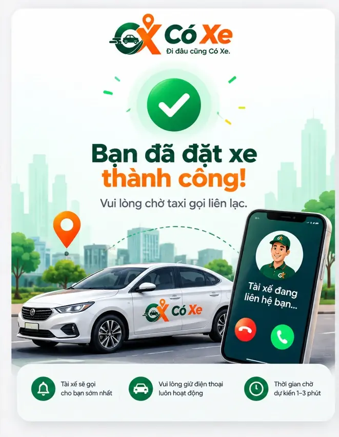 Bạn đã đặt xe thành công! Vui lòng chờ taxi gọi liên lạc.