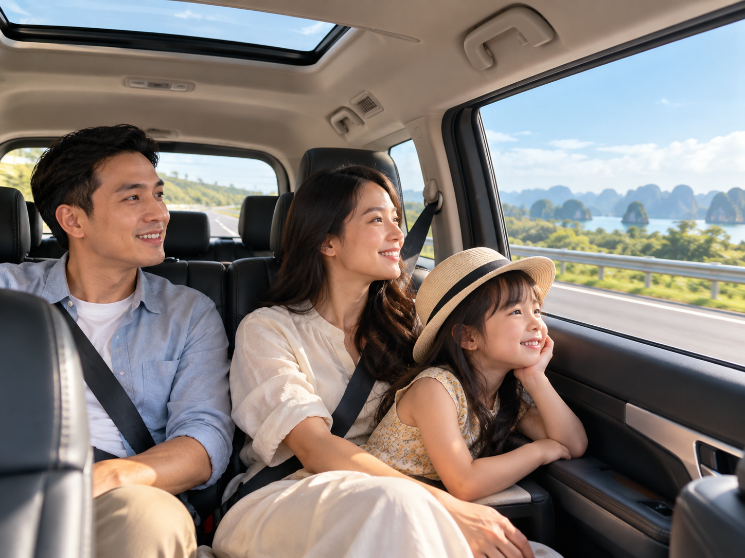 gia đình ngồi thoải mái trên xe đi tỉnh sau khi chuẩn bị đầy đủ