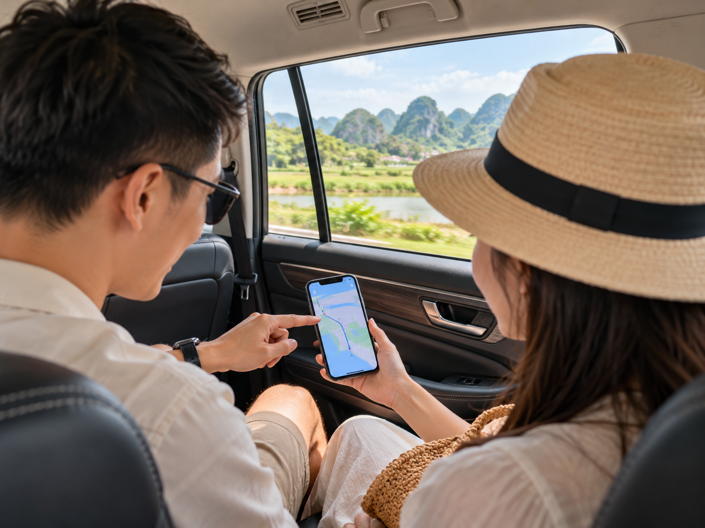 Hành khách kiểm tra lịch trình trên điện thoại trước khi lên xe đi Ninh Bình