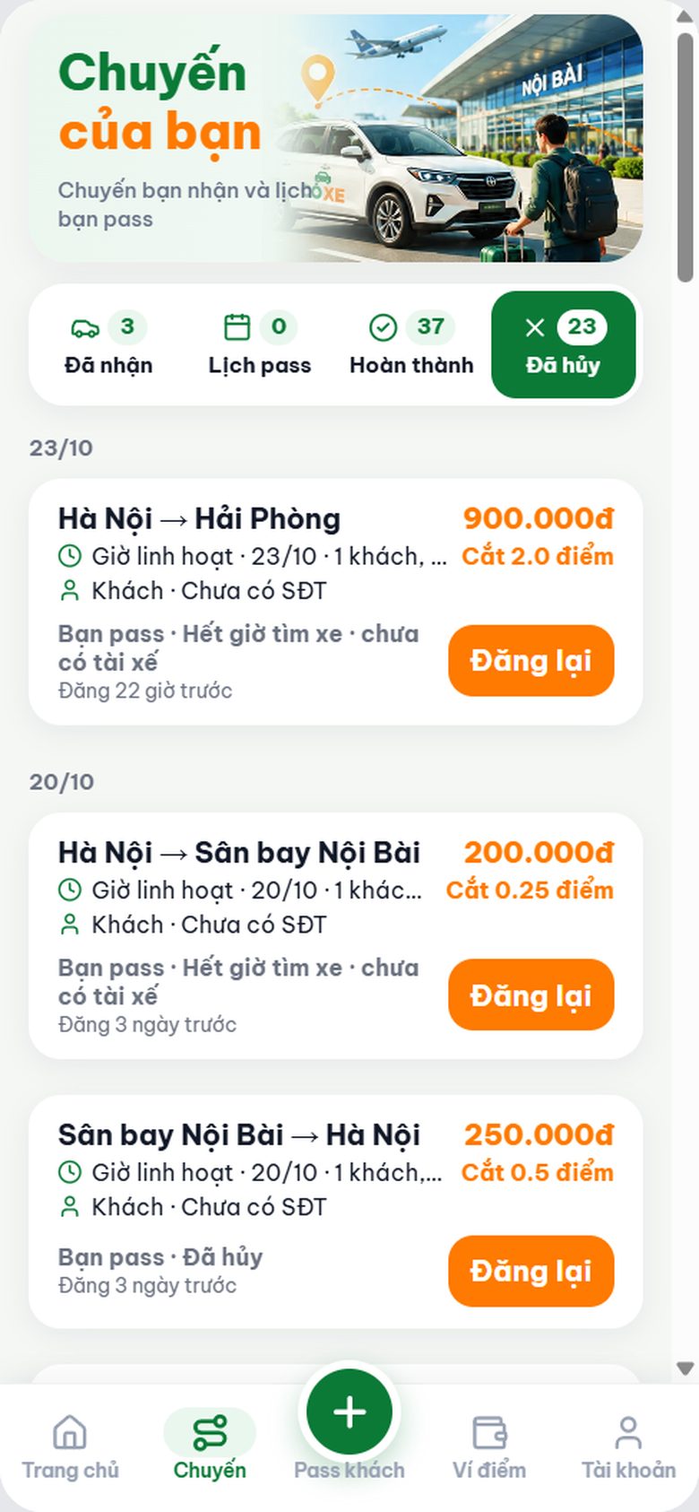 Tab Đã hủy có nút Đăng lại