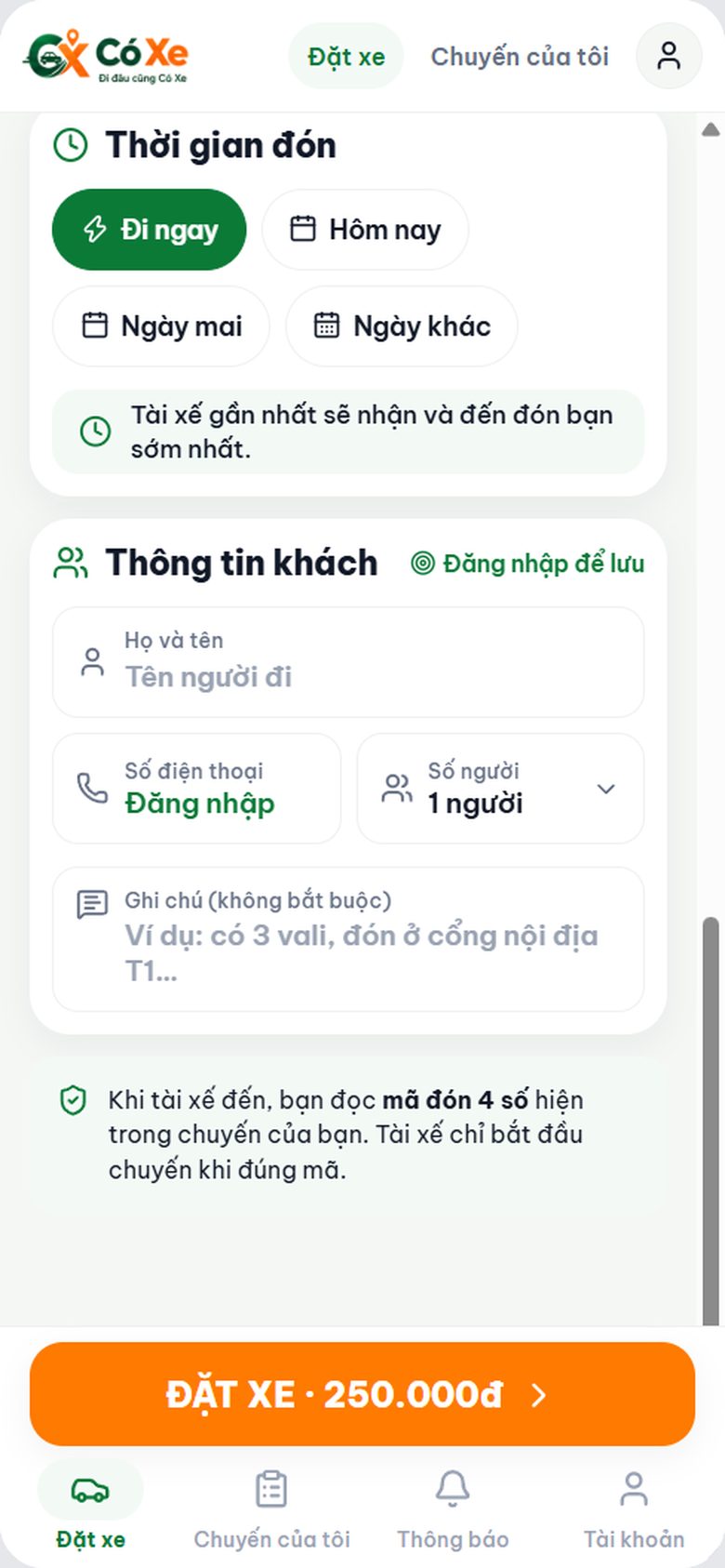 Thời gian và thông tin khách