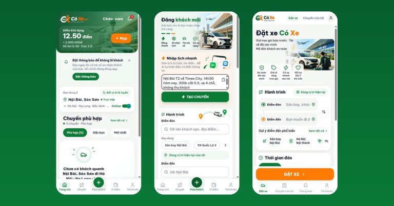 Hướng dẫn sử dụng Có Xe: tài xế, người pass khách và khách đặt xe
