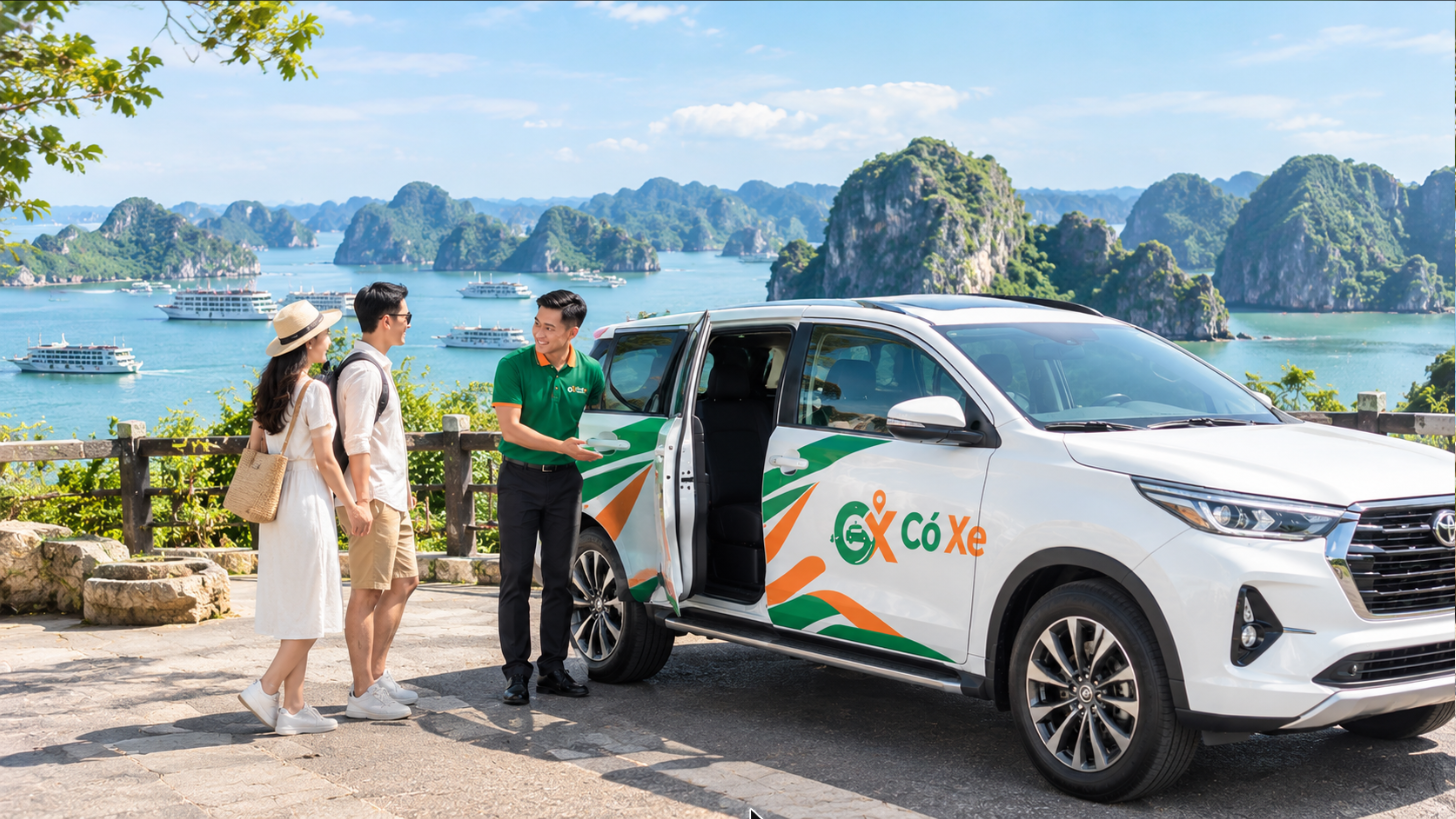 Xe Có Xe dừng ở điểm ngắm vịnh Hạ Long, tài xế mở cửa đón hai du khách