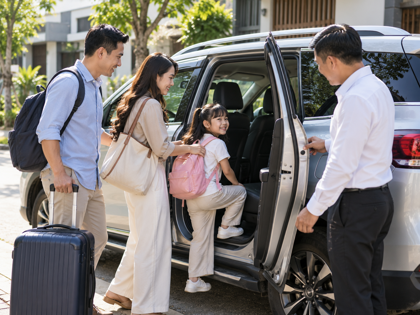 Gia đình lên xe ô tô để đi tỉnh rồi quay về cùng một tài xế
